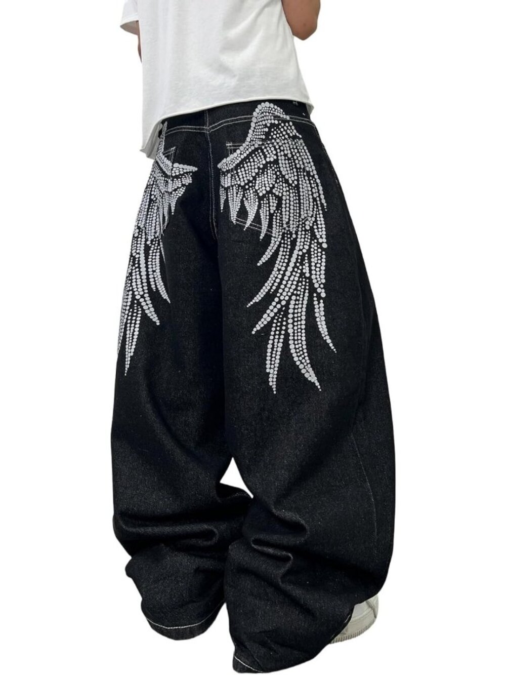 Baggy Wide Leg Angel Wings Graphic Design Jeans - Loose Y2K Style Pants for Men